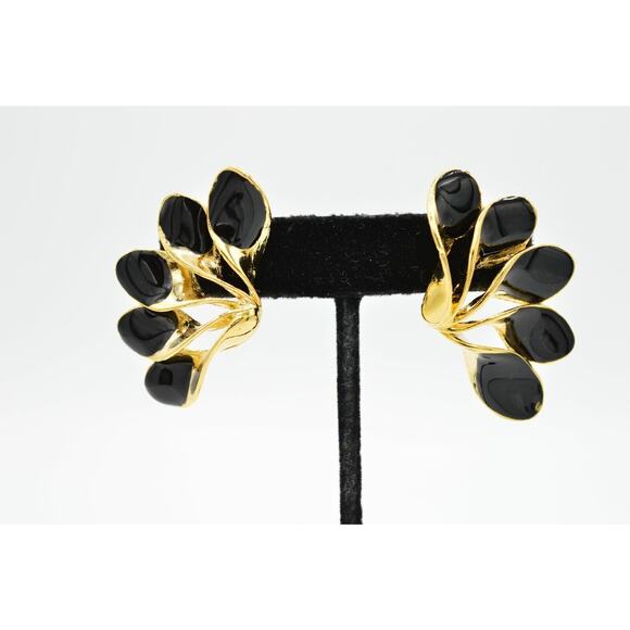Vintage Earrings Black Enamel Gold Abstract Half Flower Statement 1980s BinH - Picture 1 of 6